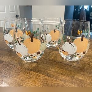 Hand Painted Pumpkin Themed Stemless Wine Glasses Set